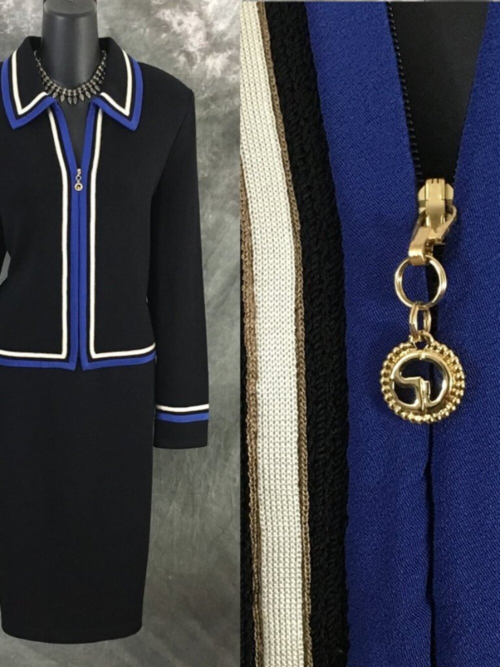 BEAUTIFUL St John collection knit black blue jacket skirt suit size 8